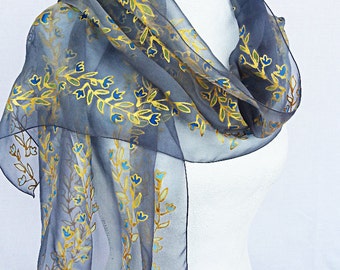 Silk scarf hand painted black Silk Scarf Handpainted silk scarf gold silk scarf silk silkscarvesparis