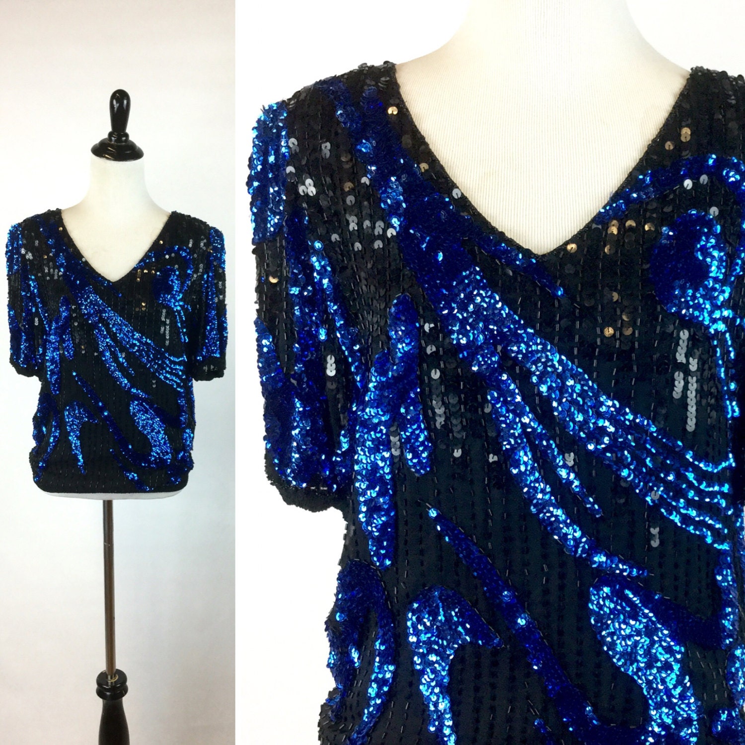 Vintage Blue Black Sequin Beaded Top Shimmery Glass Beads