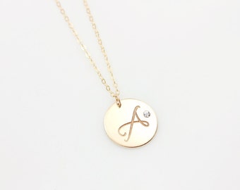 Personalized Charm Necklace, Large Circle Monogram Necklace, Crystal Diamond Necklace, Initial Disc Necklace, Long Gold Pendant Necklace