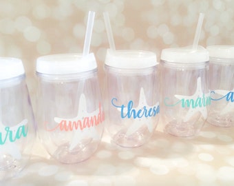 Stemless Acrylic Wine Tumbler - Bev2go - Tumblers with Lid and Straw - Starfish Tumbler - Custom - Personalized - Monogrammed Tumbler