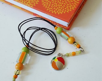 Beaded Bookmark Beach Ball / Orange And Green / Summer Reading / Glass Beaded Cord With Metal Charm/ Gift For Readers/ Journal Marker