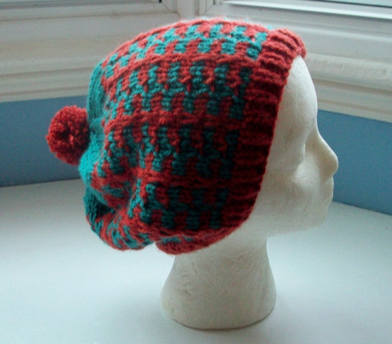 Vegan beanie, pompom, chunky, jade green, rust brown, knit hat, large