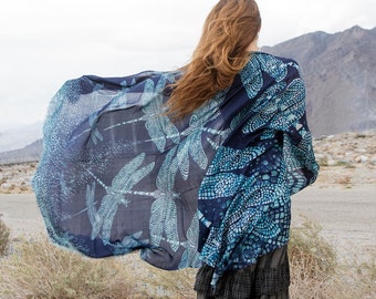Dragonfly Scarf, Blue Shawl, Natural Silk Scarf, Maxi Scarf, Beach Pareo, Maxi Sarong, Oversized Scarf, Chic Scarf, Beach Wrap,Hipster Scarf