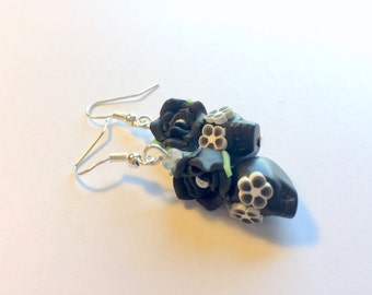 Sugar Skull Earrings Dia De Los Muertos Black and White Skull Earrings