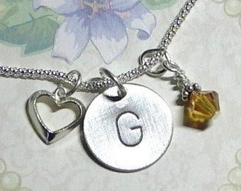 Heart Charm Necklace, Heart Hand Stamped Sterling Silver Initial Charm and Birthstone Necklace, Personalized Heart Necklace