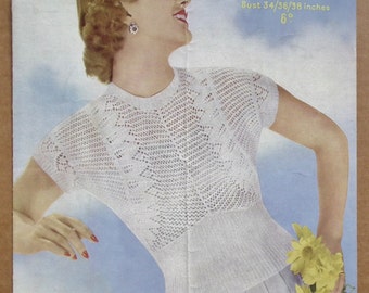 Vintage 40s 50s Knitting Pattern Women's Sweater Jumper Top - lacy design - 1940s 1950s original pattern - Sirdar No. 1401 UK