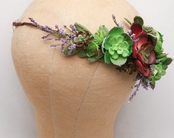 Succulent Flower Crown Wedding Headband, Flower Headpiece Rustic Bridal Flower Wreath of Green Succulents