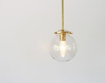 Brass Pendant Light, Clear Glass Globe, Modern Hanging Lamp