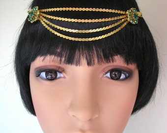Great Gatsby Headpiece, Art Deco Headband, Emerald Band, Head Chain, Rhinestone, Peridot, Wedding Hair Accessory, Vintage Art Deco Headpiece