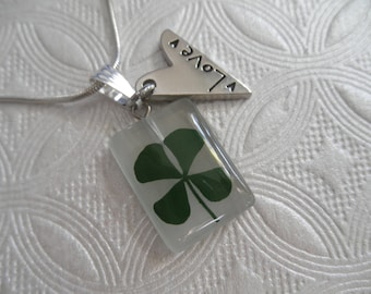 Real 4 Leaf Clover Cat's Eye Rectangle Pendant with Love-Heart Charm-Symbolizes Good Luck, Hope, Faith & Love-Gifts Under 30
