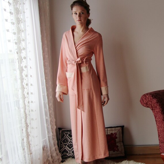 womens long robe in cotton french terry with patch pockets