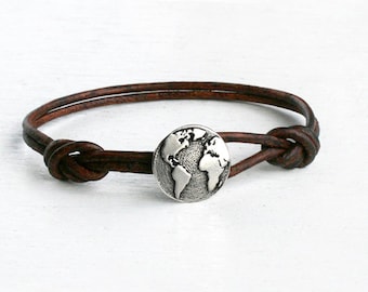 Globe leather Bracelet / World Map Bracelet / Globe Anklet / World Map Anklet (Many Colors)