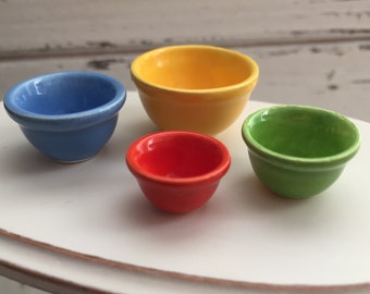 Miniature Porcelain Nesting Bowls, Dollhouse 1:12 Scale, Mixing Bowls, Colored Bowls, 4 Piece Set