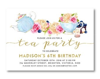 Tea Party Invitation, Girl Birthday Invitation, 3rd, 4th, 5th, 6th, 7th Birthday Invitation,Printable, Digital, Faux glitter 1563 1566