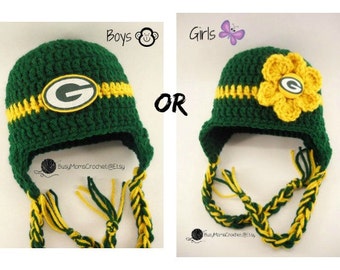Handmade Green Bay Packers colors inspired crochet hat, boy or girl style available, football hat, handmade, newborn to child
