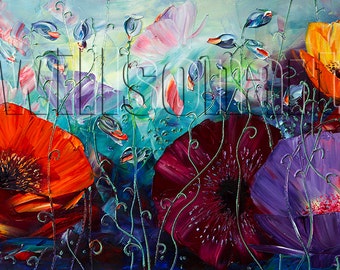 Poppies Floral Canvas Modern Flower Oil Painting Poppy Fields Textured Palette Knife Original Art 15X30 by Willson Lau