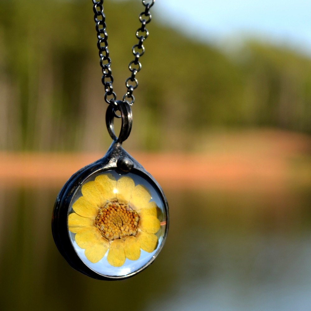 Sunflower Necklace Boho Chic Real Wildflower Pendant