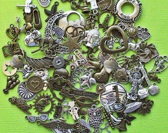 LIQUIDATION 100 Charms Assorted Antique Silver and Bronze Tone Less Than Wholesale Cost Grab Bag 90% Off GRAB10