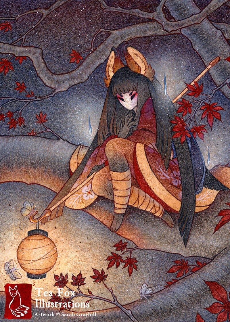 Lantern Light / Kitsune Yokai Fox / Japanese Style Art / 5x7