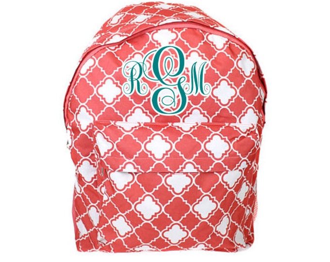 Coral Quatrefoil Personalized School Backpack, Travel Backpacks, Monogram Back Pack, School Bag, Rucksack, personalized toddler backpacks