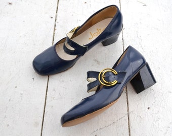 1960s Jolie Navy Patent Vinyl Mary Jane Heels, Size 6.5