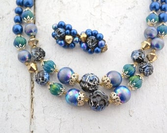 1960s Blue Multi-Strand Pearl Bead and Clip Earrings Set