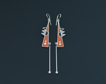 Sterling Silver Earrings, Geometric Earrings, Modern, Contemporary Jewelry, Tribal, Dangle, Orange, Color