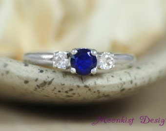 Three Sapphire Engagement Ring in Sterling - Silver Blue Sapphire and White Sapphire Wedding Bridal Ring - Anniversary Promise Ring