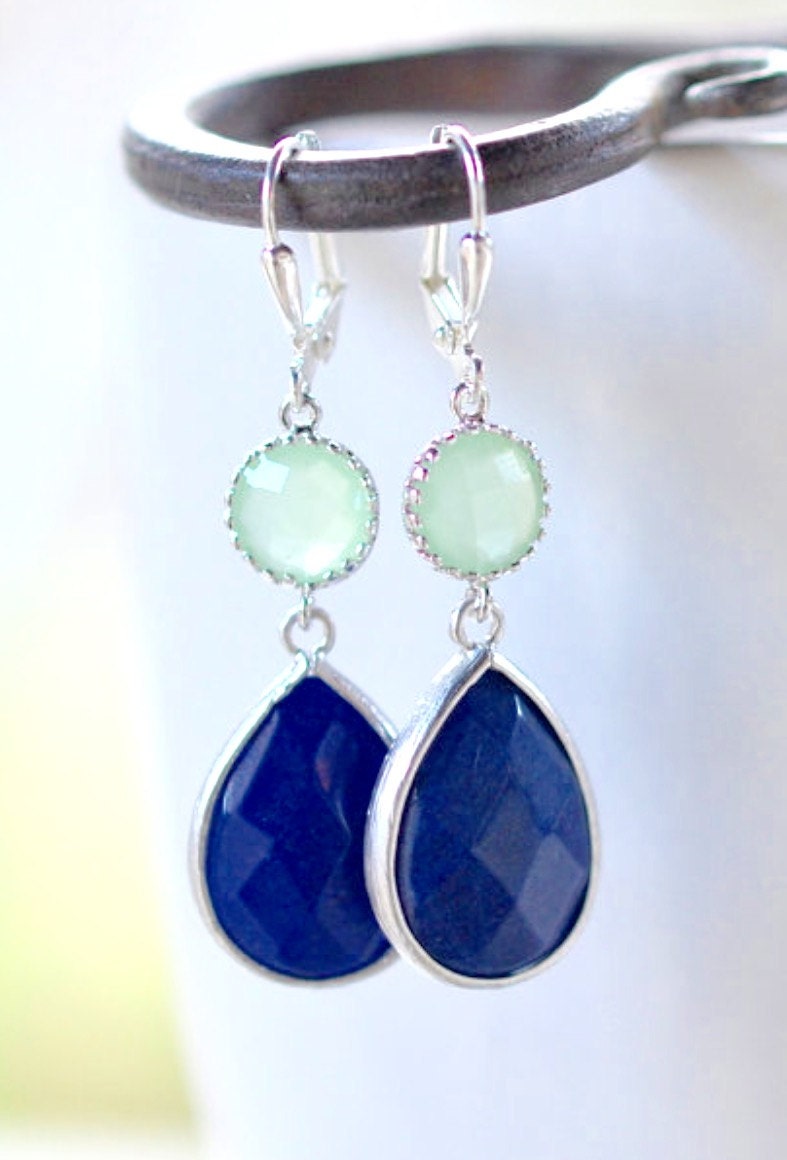 Navy Blue and Mint Jewel Gem Earrings in Silver. Dangle
