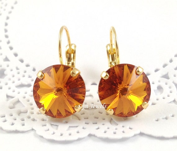 Yellow TOPAZ Earrings // Citrine Swarovski Crystal Topaz 12mm