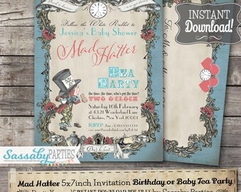 Mad Hatter Invitation - Blue Pastel - INSTANT DOWNLOAD - Editable & Printable Alice in Wonderland Birthday Party Invite by Sassaby Parties