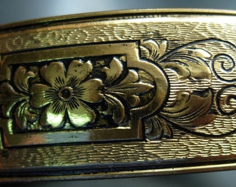 Hinged Clamper Victorian Ornate Bracelet - Pat 2114930 - Gold Toned