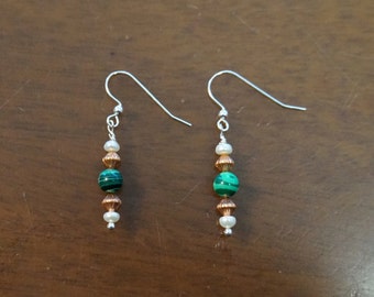 Round Malachite, Copper, and Freshwater Pearl Earrings
