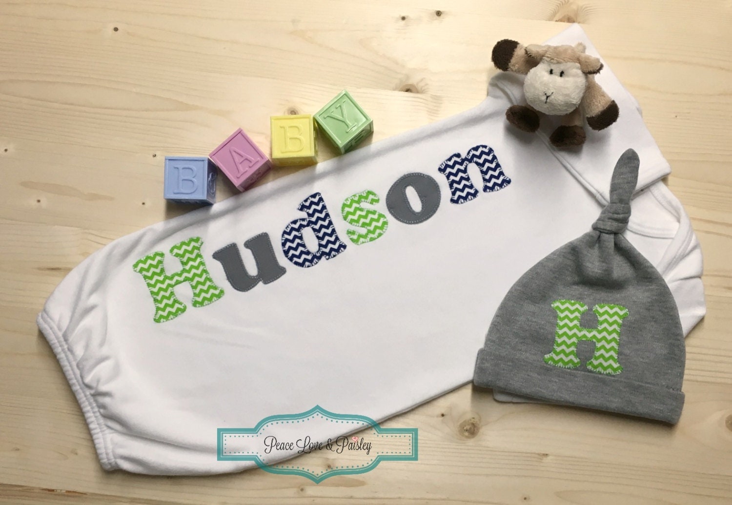 Personalized Baby Boy Gown and Hat Set Personalized Baby Boy