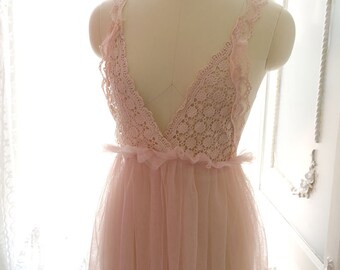 Vintage Bridal Lingerie Slip Nightie Cotton Candy Pink and