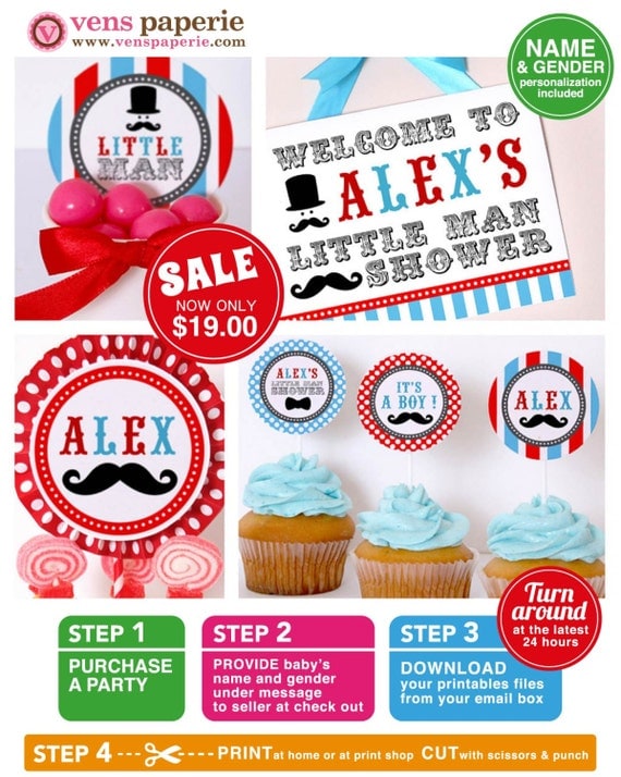 Little Man Mustache Baby Shower Package Personalized FULL Collection Set - PRINTABLE DIY - BS829CA1x Il_570xn