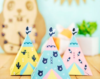 Printable Teepee Gift Boxes, DIY Tipi Tealight Lantern, Printable candy box, Children's Party Favor