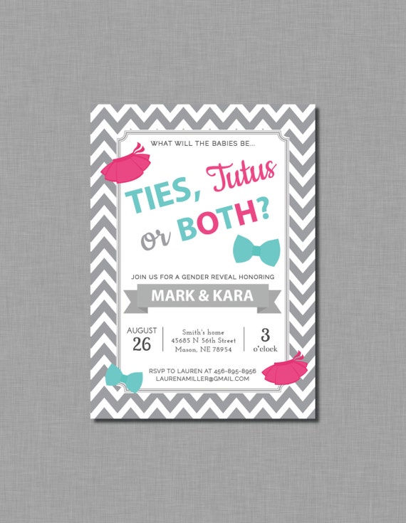 Twins Gender Reveal Invitations ties tutus Karter GR59 Digital