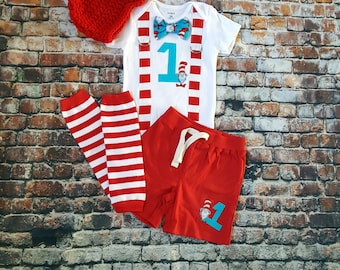 Dr Seuss First Birthday Bow Tie and Suspender Bodysuit, Leg Warmers, Shorts, Button Hat, Boy 1st Birthday Party Little Man Tie, Cake Smash