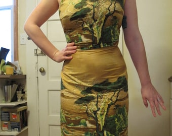 1950s Lone Cypress Millworth Scenic Novelty Print Wiggle Dress 26.5W