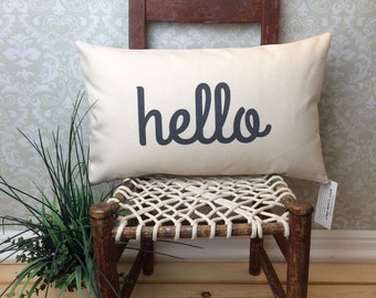 Hello Pillow with Insert, Entry Way Pillow, Lumbar Pillow, Long Pillow, Conversational Pillow, Sofa Pillow, Chair Pillow, Oblong Pillow