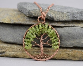 Peridot Necklace Peridot Pendant Tree-Of-Life Necklace Copper Wire Wrapped Pendant Rustic Talisman AUGUST Birthstone Amulet Copper Jewelry