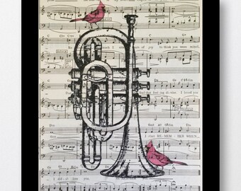 Red Cardinals Cornet Music Print- Musical Cornet Mixed Media art print on 8x10 Vintage Music Sheets, Music Room Decor, Musical Prints