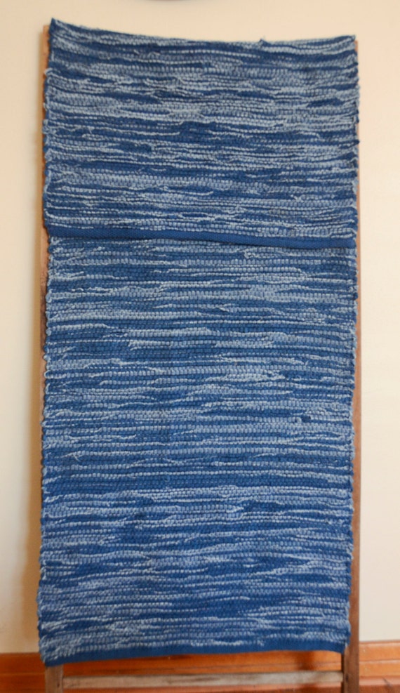 Hand Woven Rag Rug Denim Rug Blue Hem 22 x 65
