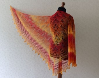 Hand Knit wool woman shawl - bright red, orange, yellow