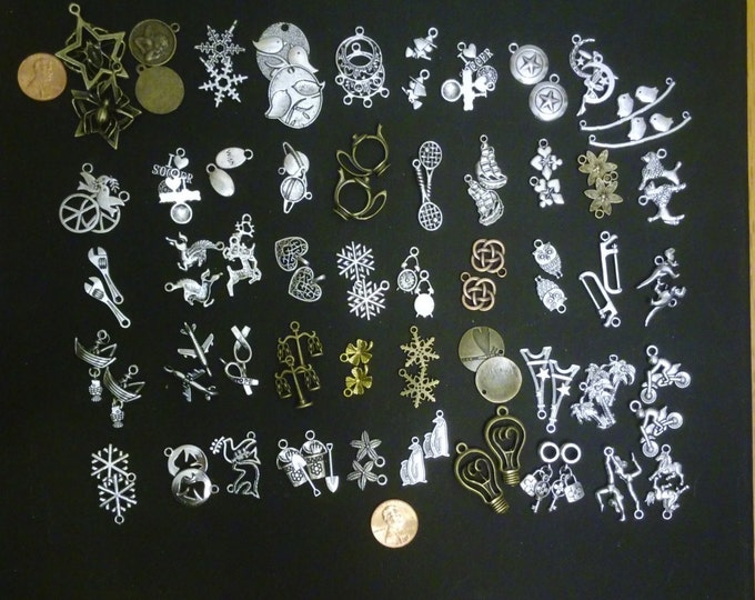 SALE save 25% - 50 charm pairs, 100 charms total, No Duplicate pairs, jewelry DIY, bulk charms, silver charms, bronze charms, alloy charms