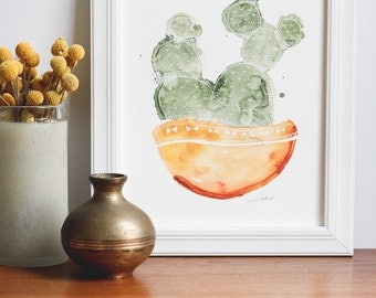 Potted Cactus Watercolor Painting - Orange & Green