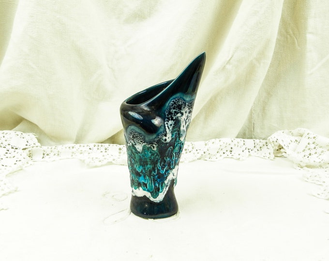 Vintage French Vallauris Dark Turquoise Blue and White Lava Vase Ecume de Mer / MidCentury / Retro Home Interior / European / Hipster /1960