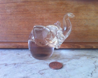 Vintage Elephant Figurine, Blown Glass, Crystal Clear, Seated Elephant, Upraised Trunk, Good Fortune, Circa 1980s - FREE SHIPPING