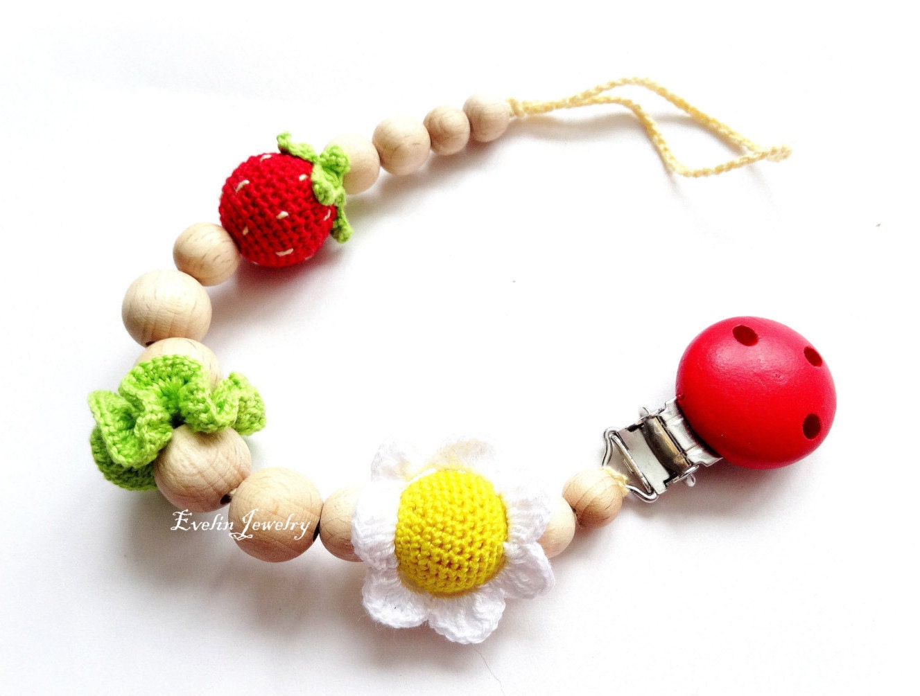 Strawberry Pacifier Clip with flower Crochet beaded Pacifier